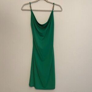 Emerald Green Cowl Neck Mini Dress - Gold Chain Straps - Size Small
